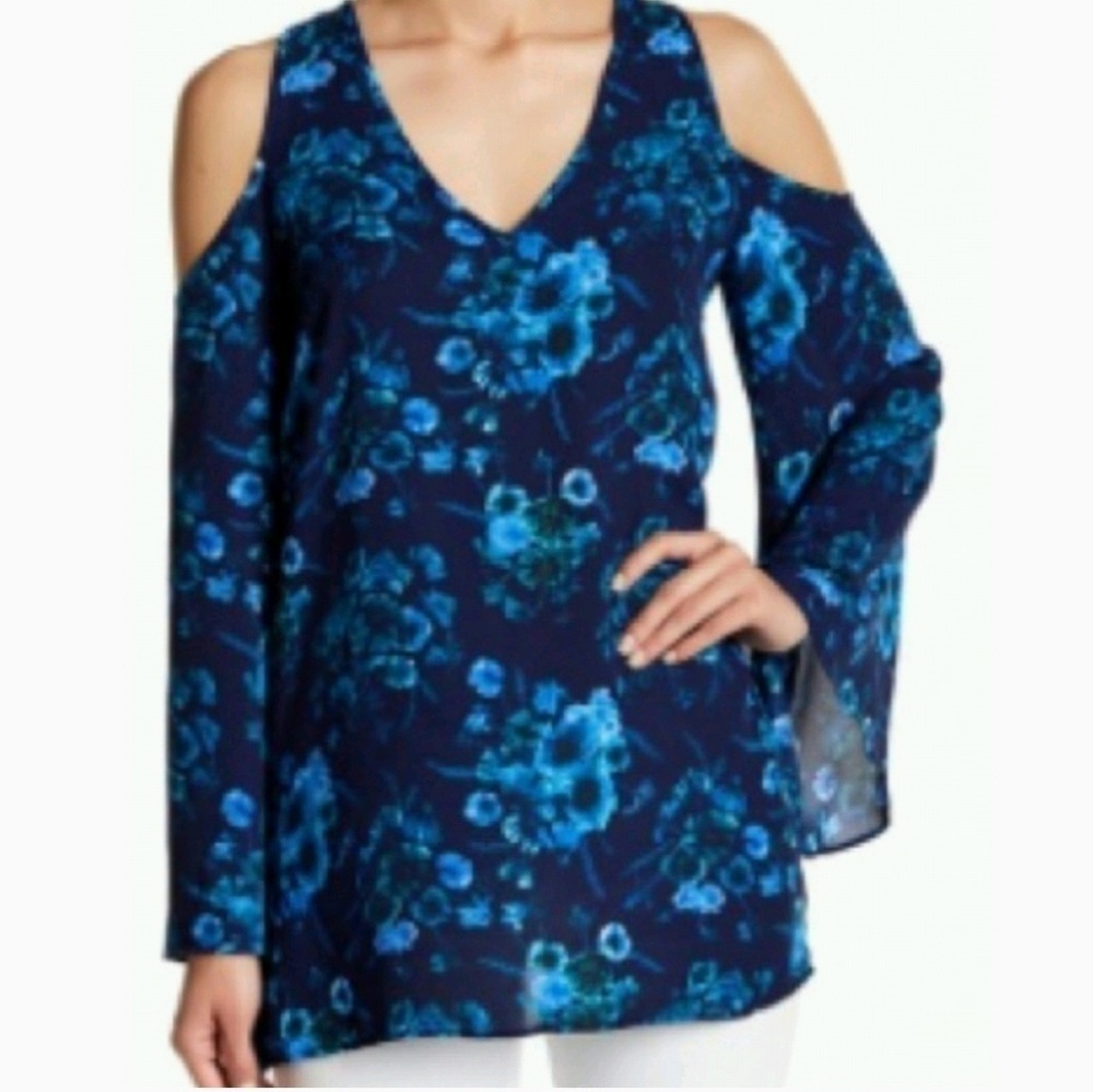 NEW! PHILOSOPHY Floral Long Sleeve Cold Shoulder Tubic Length Blouse Small.